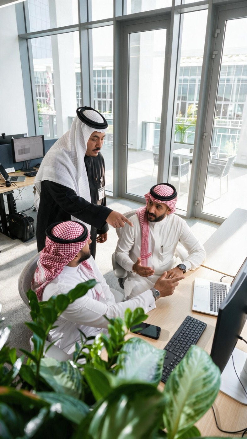 A mentor working with a team in a bright modern office