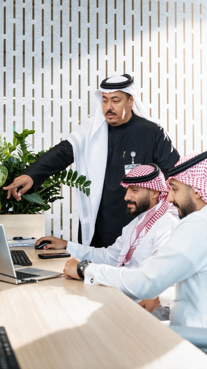 A mentor guiding professionals at a workstation